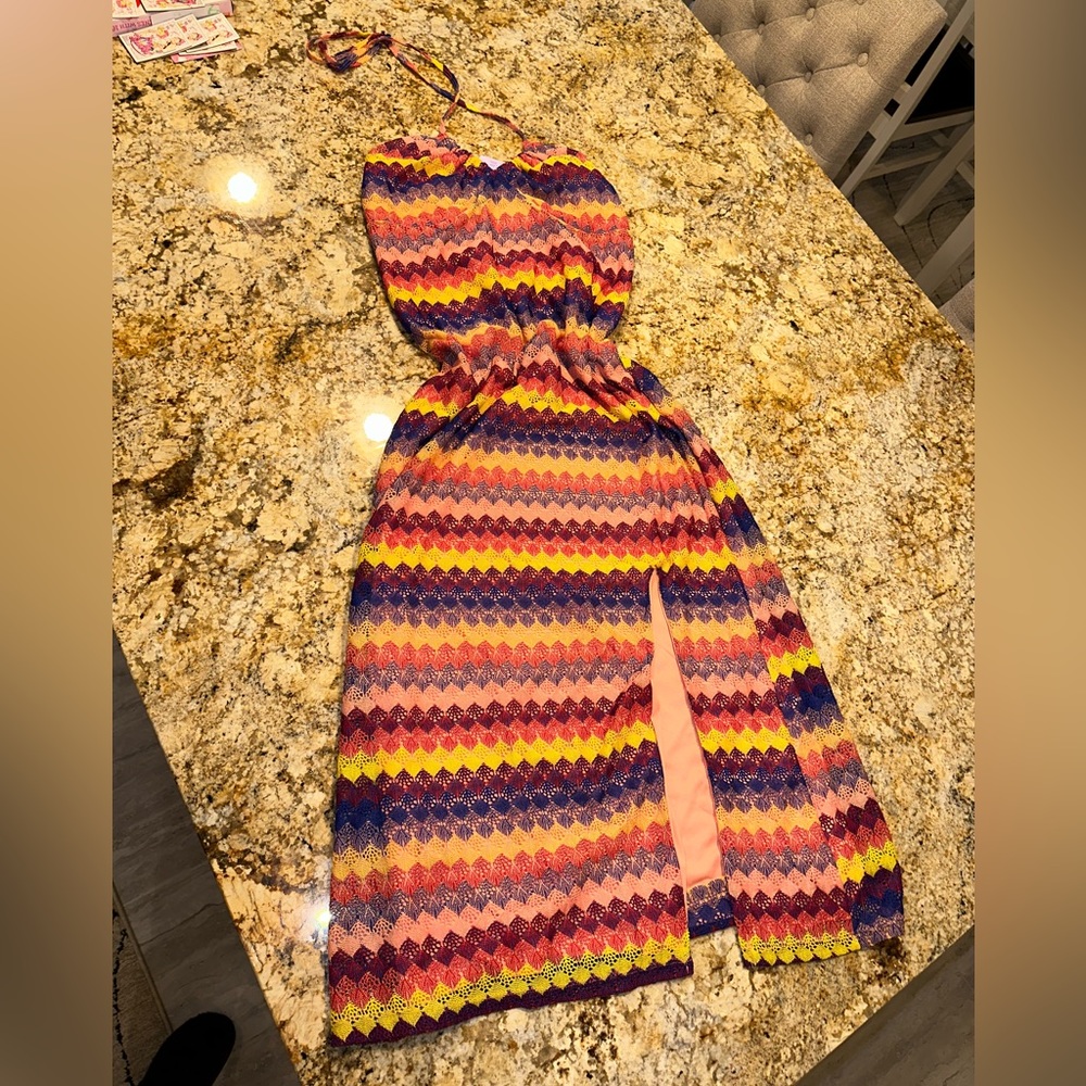 Wild Fable Size L Crochet Midi Dress Multicolor Halter Lace Up Back New